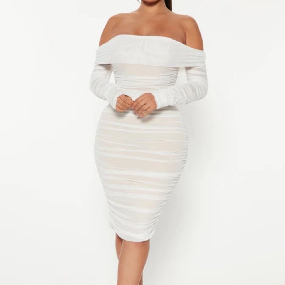 NWT Fashion Nova- Ready In A Ruched Off Shoulder Midi Dress - White- Medium